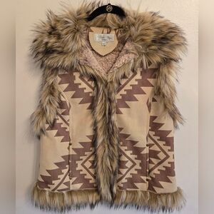 Tasha Polizzi Womens Faux Fur Aztec  Western Vest Brown Tan Large